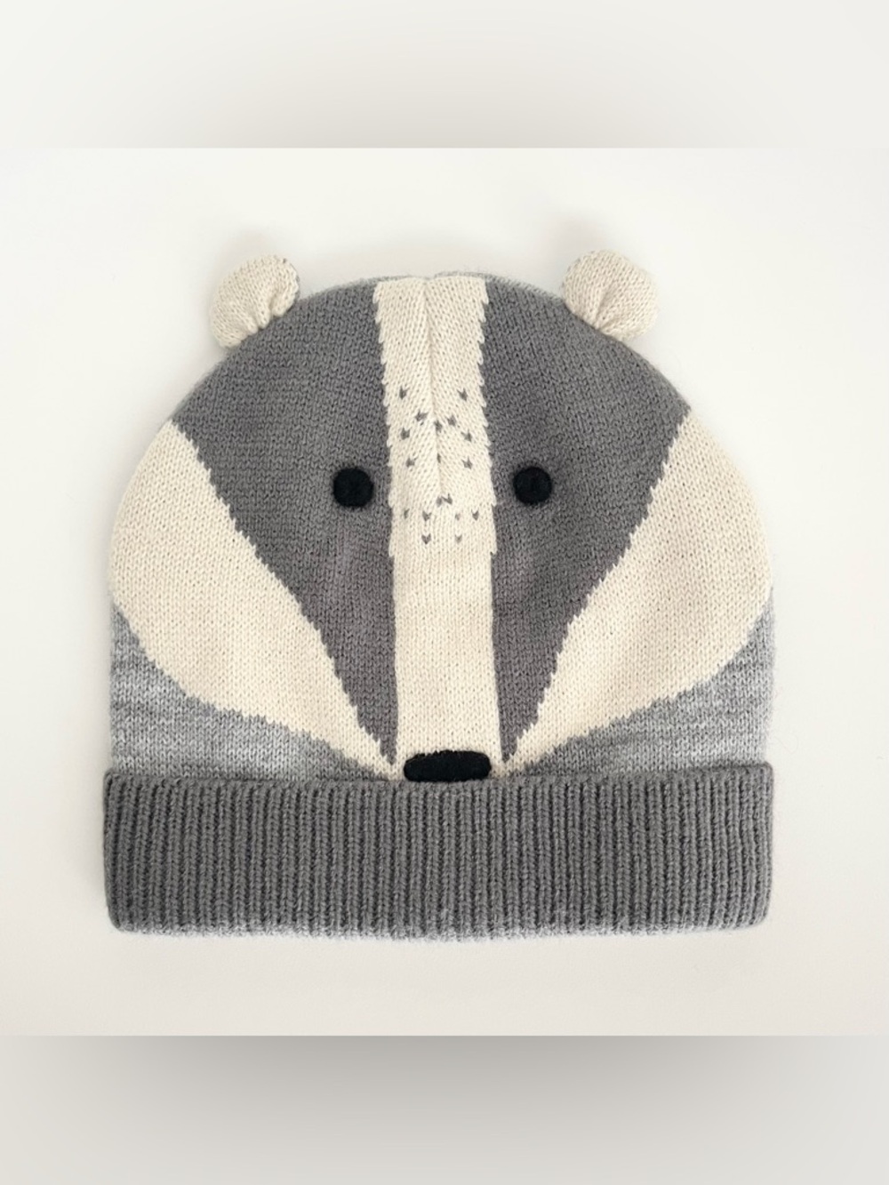 Mini Boden Kid's Badger Animal Knit Beanie Hat Gray Whimsical Forest Friends